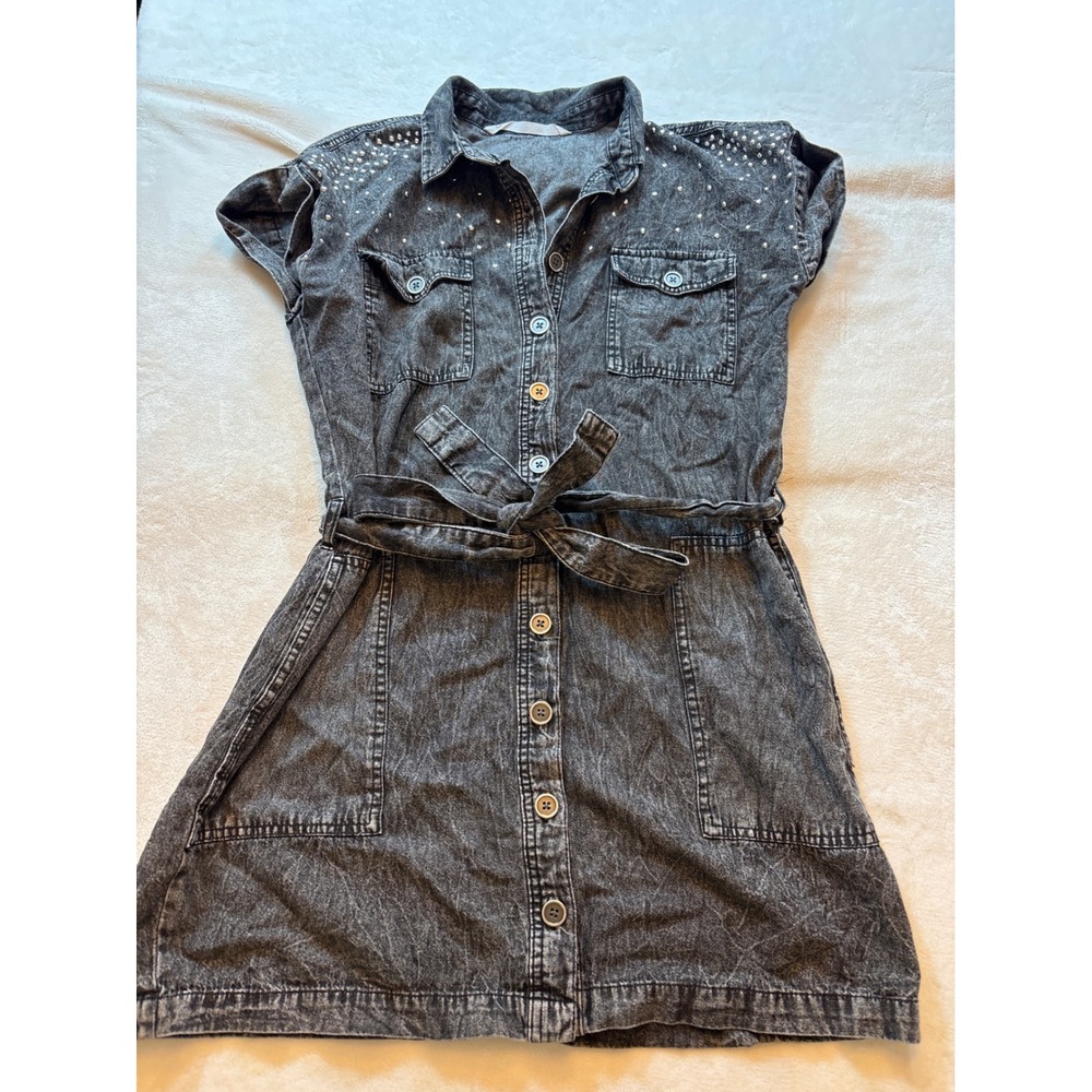 Pale Generation Acid Wash Denim Mini Dress Rhinestone Studded Tie Waist Large